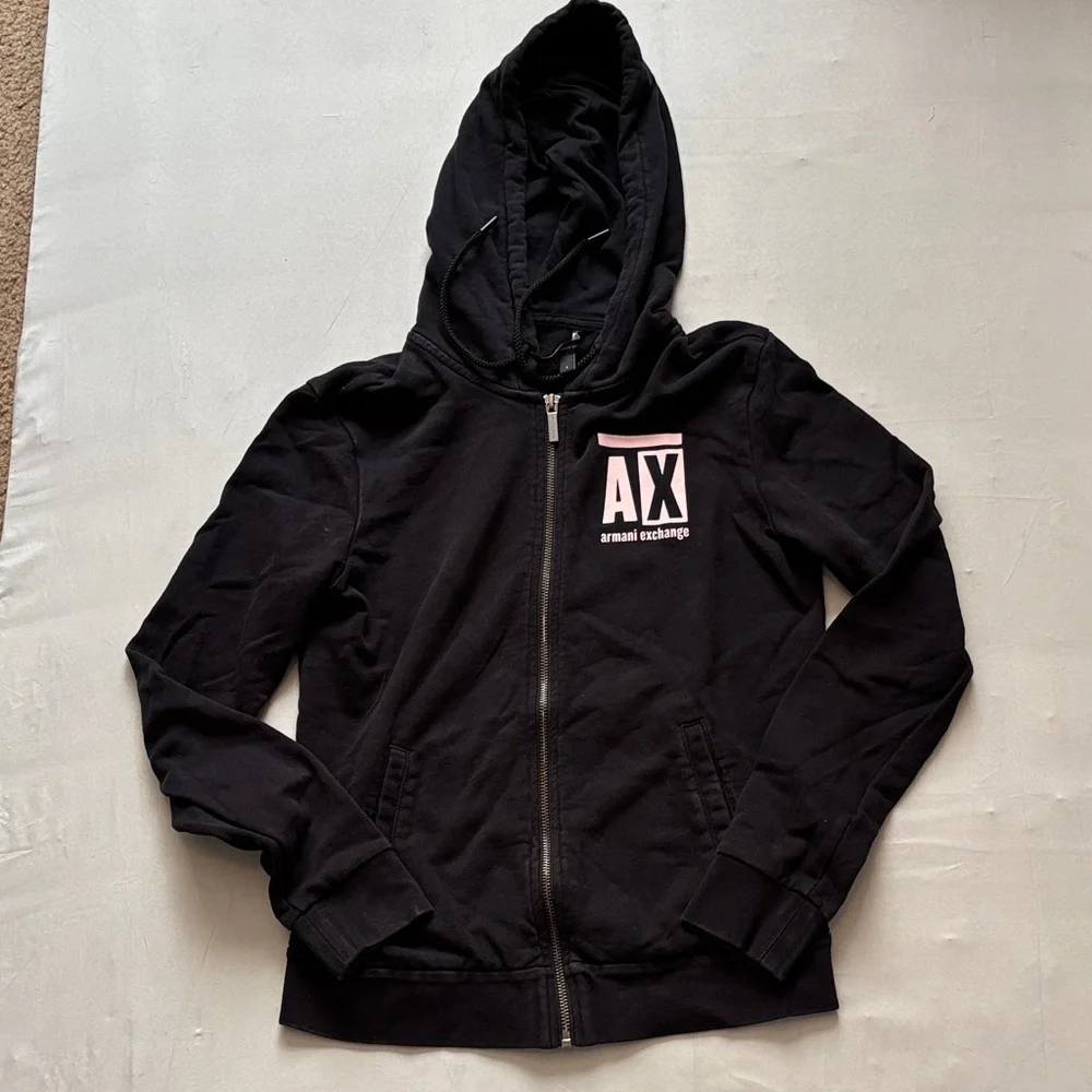 Armani Exchange Kids Black and Pink Zip-Up Hoodie